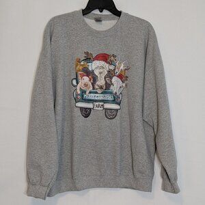 GILDAN Gray Christmas Sweatshirt; Truck, Farm Animals, Cow, Sheep, Pig; Size 2XL